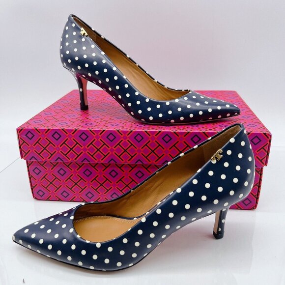 Tory Burch Penelope 65MM Polka A Dot Pointed Toe Heel Pump Blue Leather US 6 - Picture 2 of 9